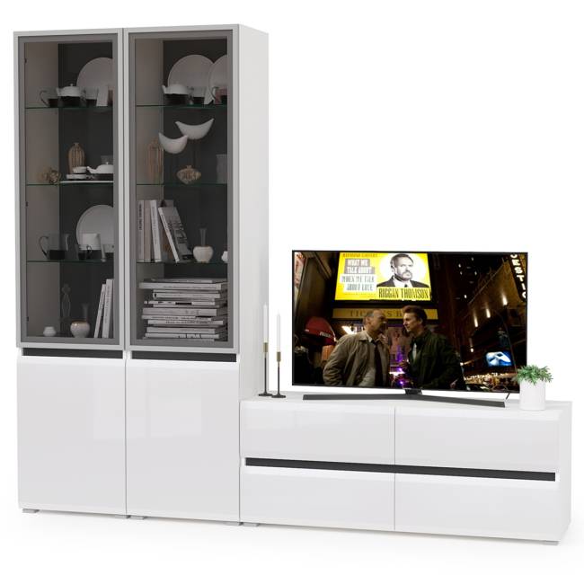 Стенка для гостиной со стеклянными фасадами Сидней № 11 цвет белый/чёрный/фасады МДФ белый глянец Стенка для гостиной со стеклянными фасадами Сидней № 11 цвет белый/чёрный/фасады МДФ белый глянец