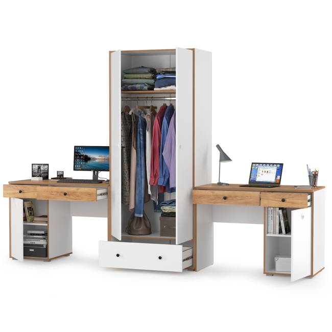 Два письменных стола и шкаф Вуди цвет белый премиум/дуб крафт золотой Два письменных стола и шкаф Вуди цвет белый премиум/дуб крафт золотой