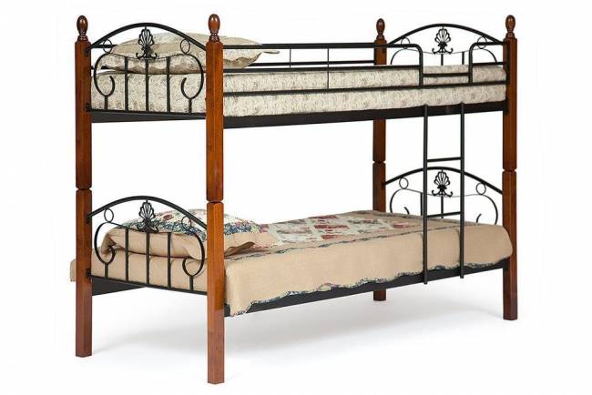 Кровать BOLERO двухярусная дерево гевея/металл, 90*200 см (bunk bed), красный дуб/черный красный дуб/черный дерево гевея/металл