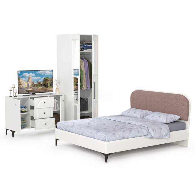 Двуспальная кровать 1600 с мягкой спинкой Валенсия с комодом и шкафом цвет белый шагрень/ткань велутто 19
