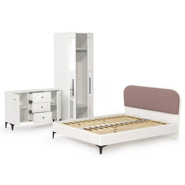 Двуспальная кровать 1600 с мягкой спинкой Валенсия с комодом и шкафом цвет белый шагрень/ткань велутто 19