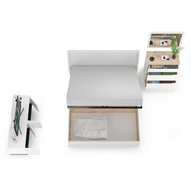 Муссон Кровать 1600 с подъёмным механизмом с тумбой TV 13.276 и зеркалом СВК цвет белый/чёрный/дуб эндгрейн элегантный/кожзам белый Муссон Кровать 1600 с подъёмным механизмом с тумбой TV 13.276 и зеркалом СВК цвет белый/чёрный/дуб эндгрейн элегантный/кожзам белый