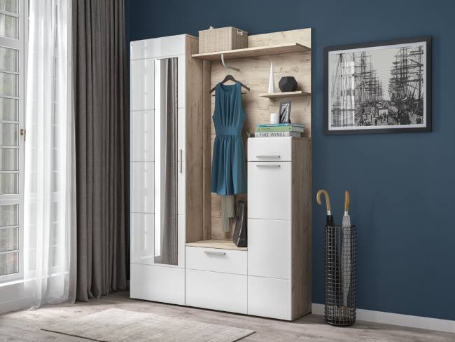 Прихожая Лайн 10.16 цвет дуб крафт серый/фасады МДФ белый глянец Прихожая Лайн 10.16 цвет дуб крафт серый/фасады МДФ белый глянец