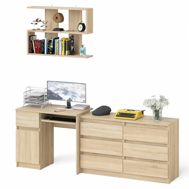 Большой комод на 6-ть ящиков Мори с компьютерным столом МС-1 левый и полка открытая на 900 цвет дуб сонома