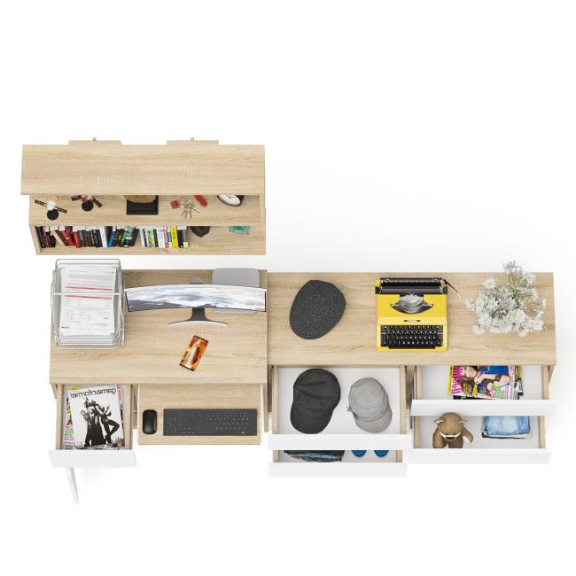 Большой комод на 6-ть ящиков Мори с компьютерным столом МС-1 левый и полка открытая на 900 цвет дуб сонома/белый