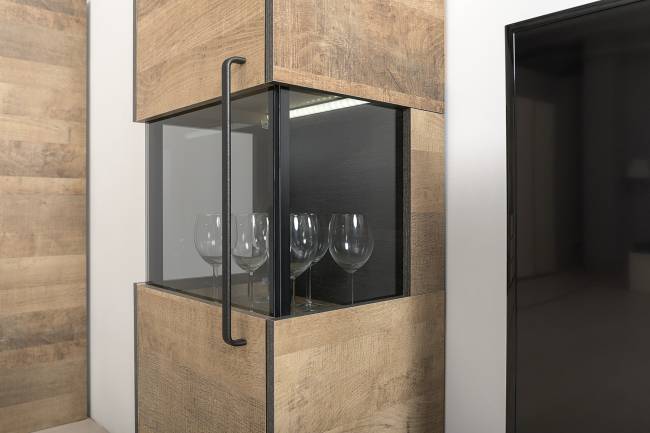 Стенка для гостиной Трувор № 14 с пеналом-витриной с подсветкой цвет дуб гранж песочный/интра Стенка для гостиной Трувор № 14 с пеналом-витриной с подсветкой цвет дуб гранж песочный/интра